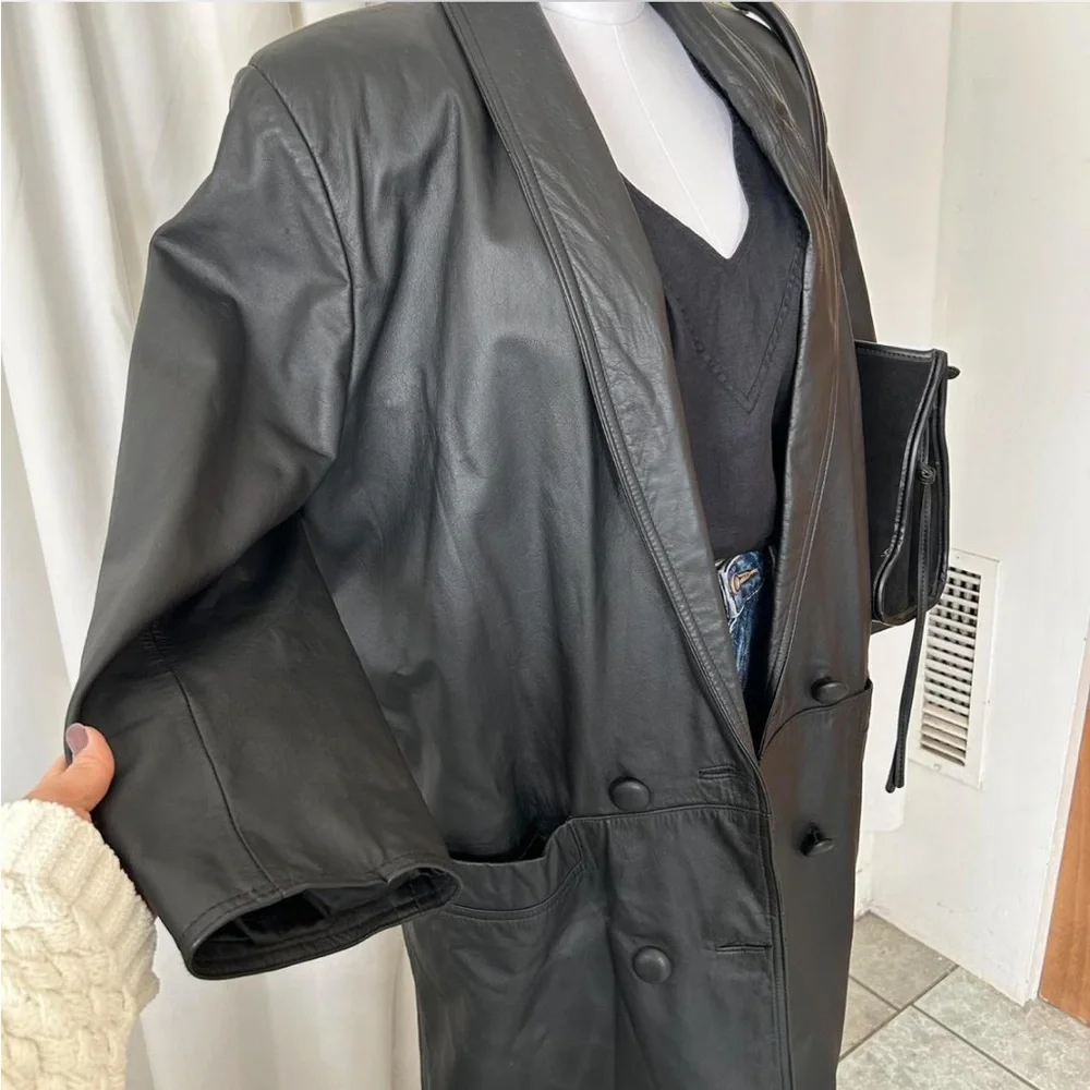 Vintage Pelle Club black long leather trench coat size Medium. - Picture 7 of 12